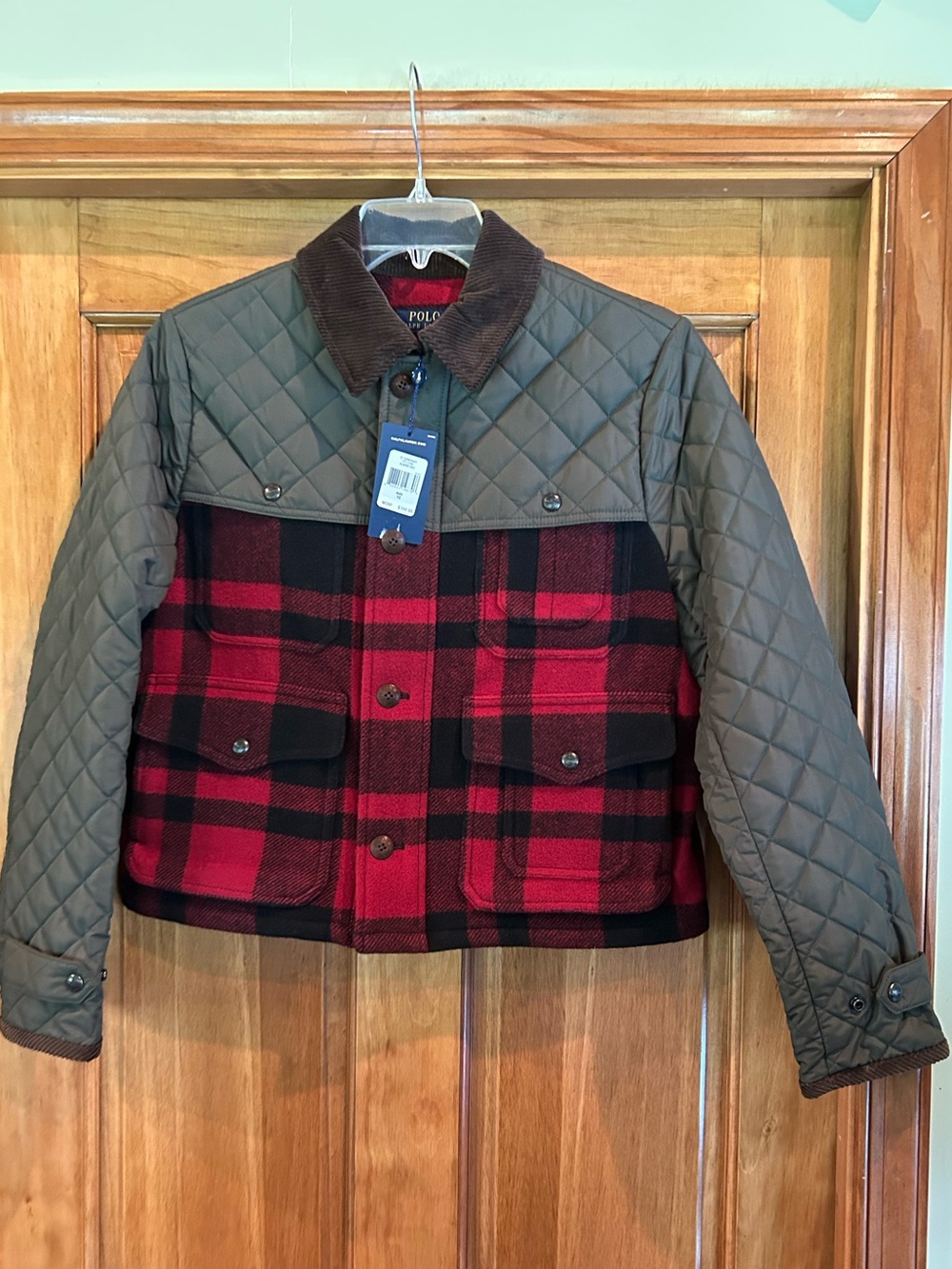 Polo Ralph Lauren Albans Red & Black Plaid Wool Jacket with Quilted Sleeves